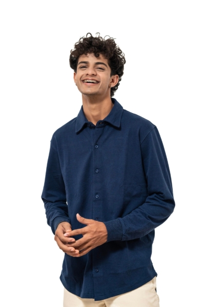 LYNX Men Solid Cuffed Navy Shirt