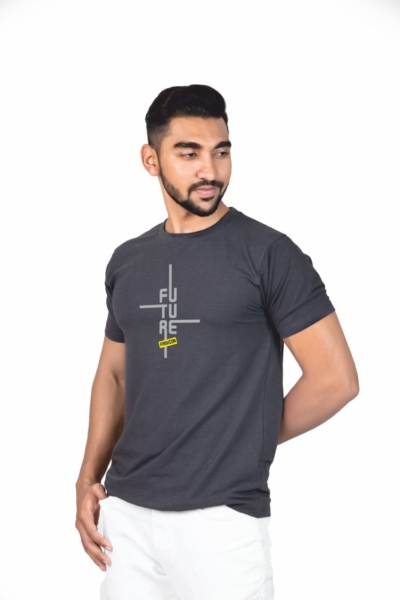 Crew Neck Charcoal Milange Printed T-shirt