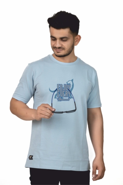 Crew Neck Sky Blue Printed T-shirt