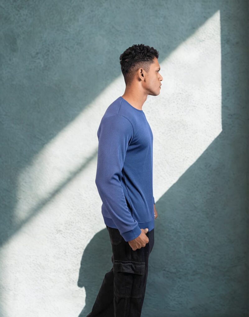 Ribbed Steel Blue Full Sleeve T-Shirt - Image 2
