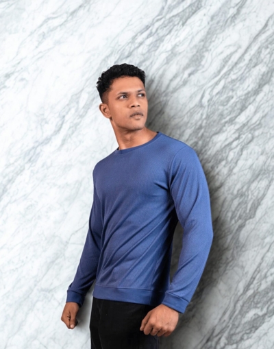 Ribbed Steel Blue Full Sleeve T-Shirt