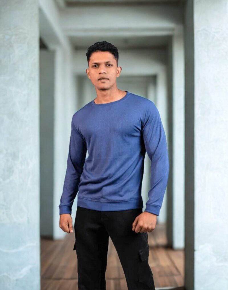 Ribbed Steel Blue Full Sleeve T-Shirt - Image 3