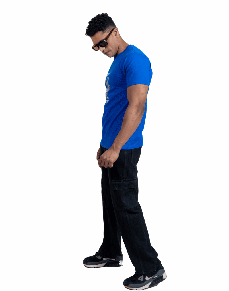 Crew Neck Blue Printed T-shirt - Image 4