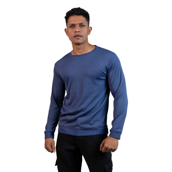 Ribbed Steel Blue Full Sleeve T-Shirt