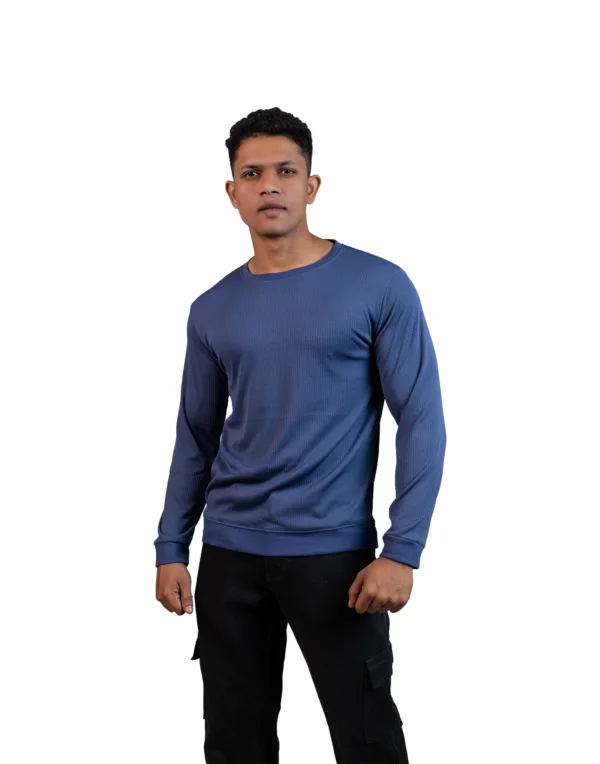 Ribbed Steel Blue Full Sleeve T-Shirt