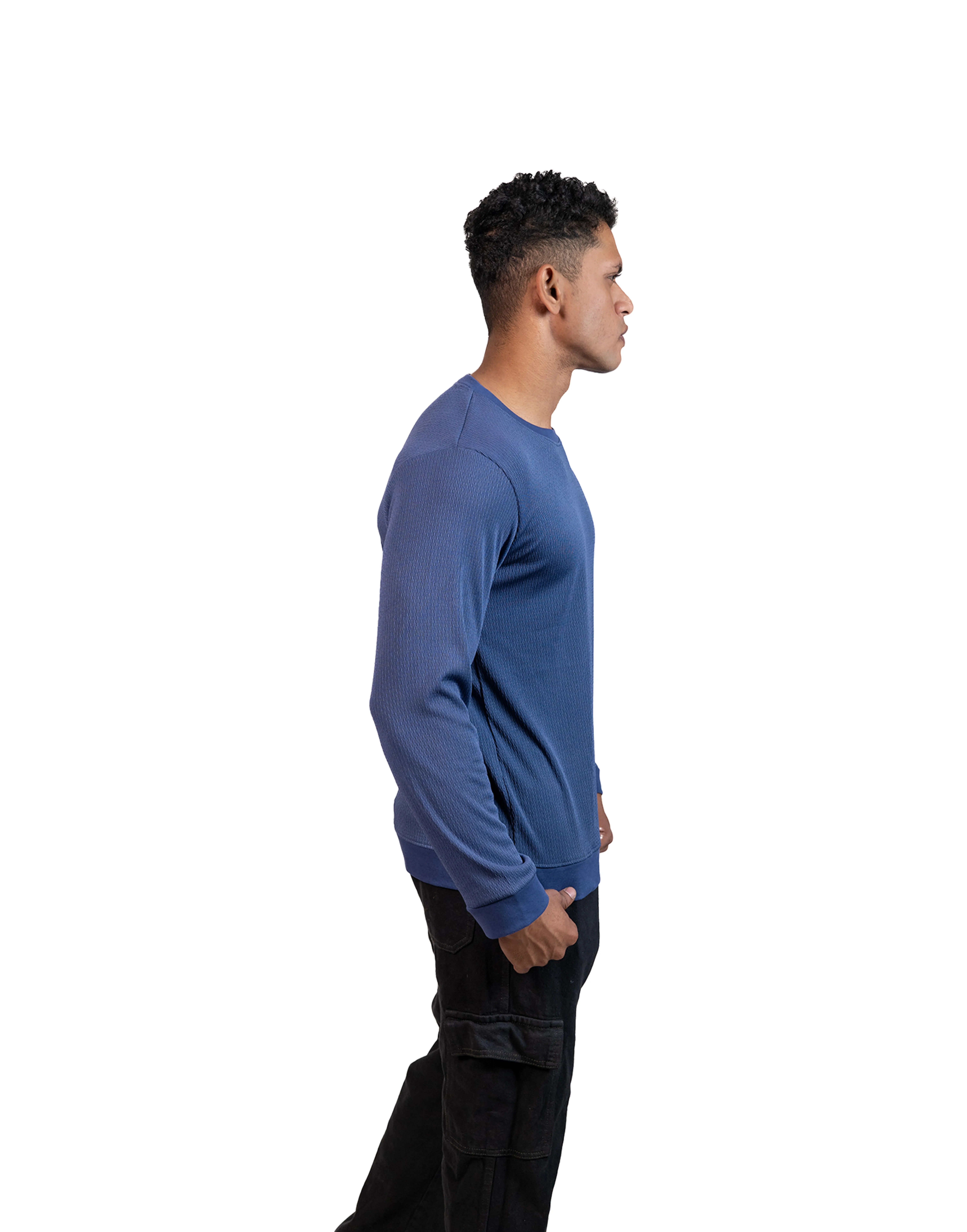 Ribbed Steel Blue Full Sleeve T-Shirt - Image 3