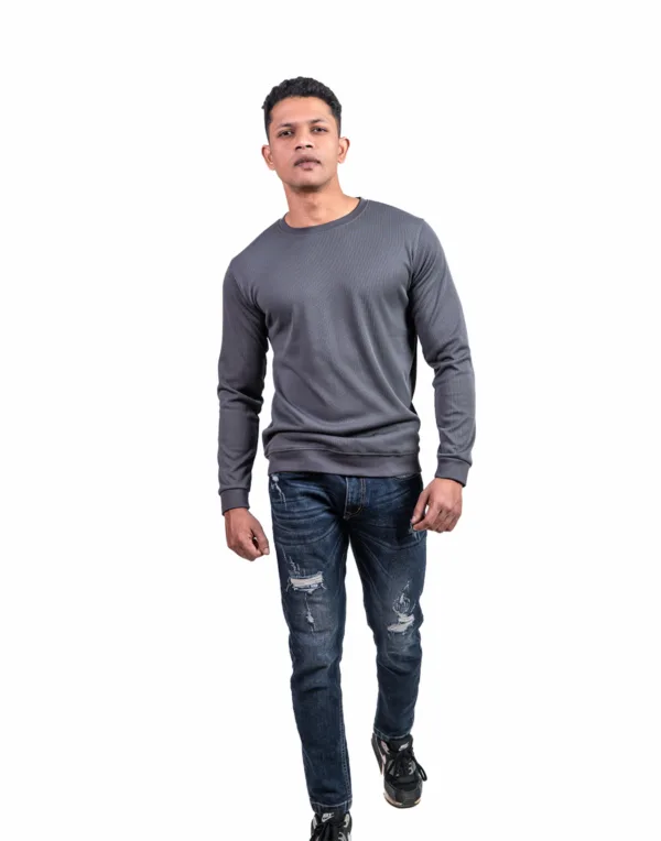 Ribbed Dark Grey Full  Sleeve T-Shirt - Image 3