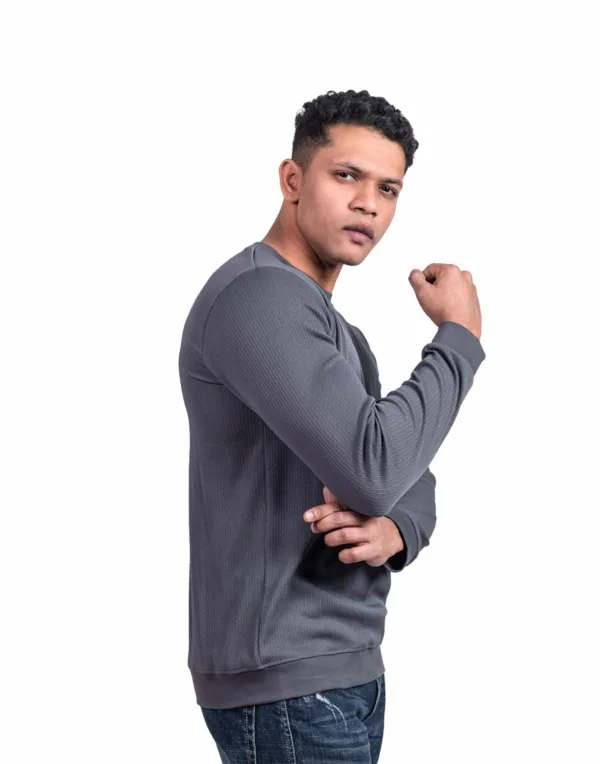 Ribbed Dark Grey Full  Sleeve T-Shirt