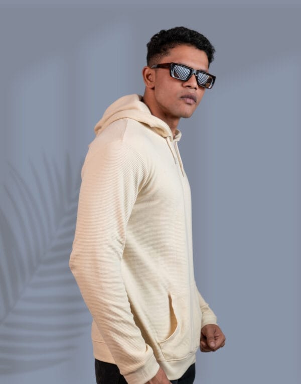 Textured Solid Cream Hoodie - Image 3