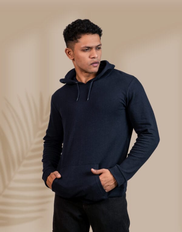 Textured Solid Navy Hoodie - Image 2