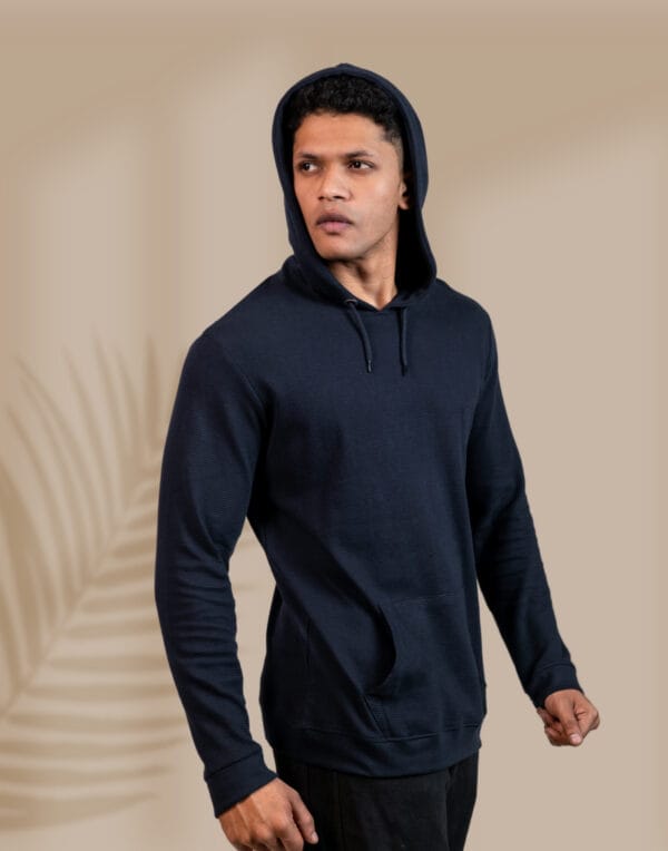 Textured Solid Navy Hoodie - Image 3