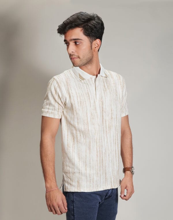 Ecru Textured Polo T-Shirt - Image 3