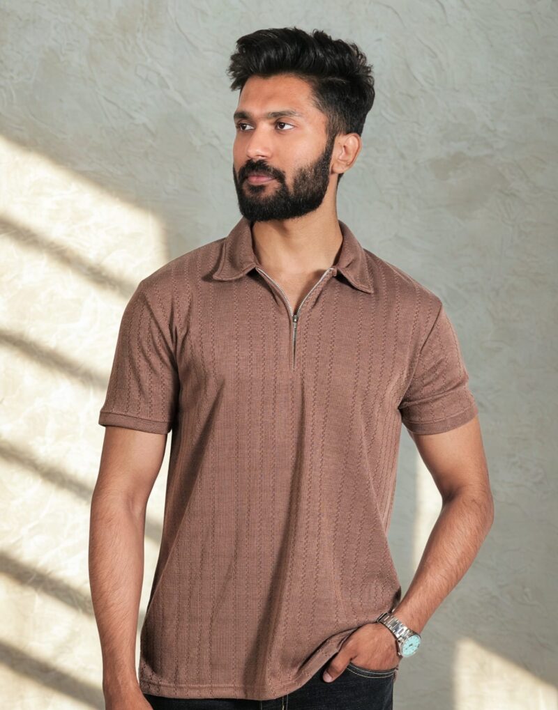 Chocolate Brown Zipper Polo T-Shirt - Image 2
