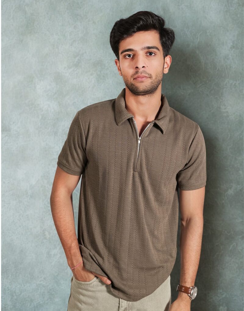 Brown Zipper Polo T-Shirt - Image 3