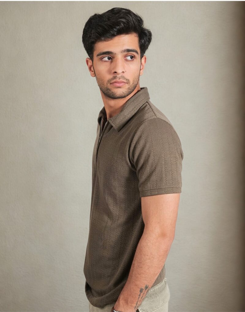 Brown Zipper Polo T-Shirt - Image 2