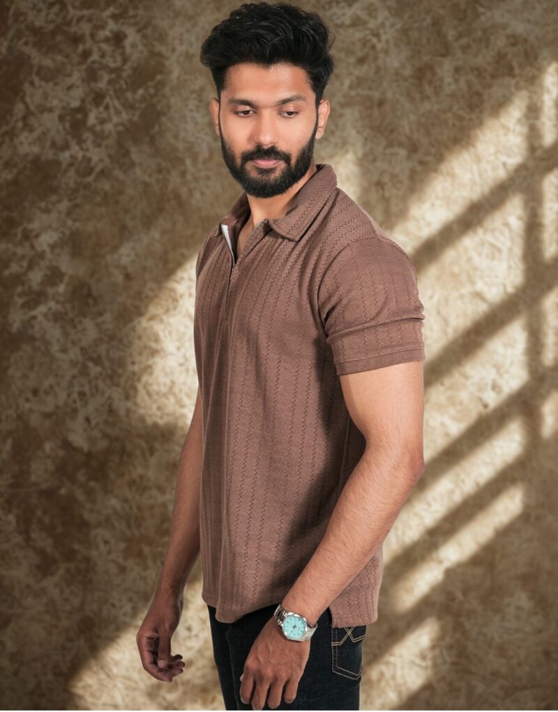 Chocolate Brown Zipper Polo T-Shirt - Image 4