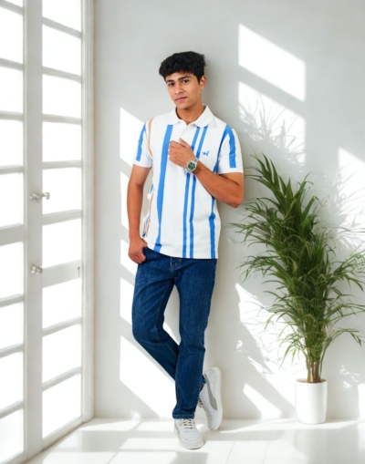 White & Blue Striped Polo T-Shirt