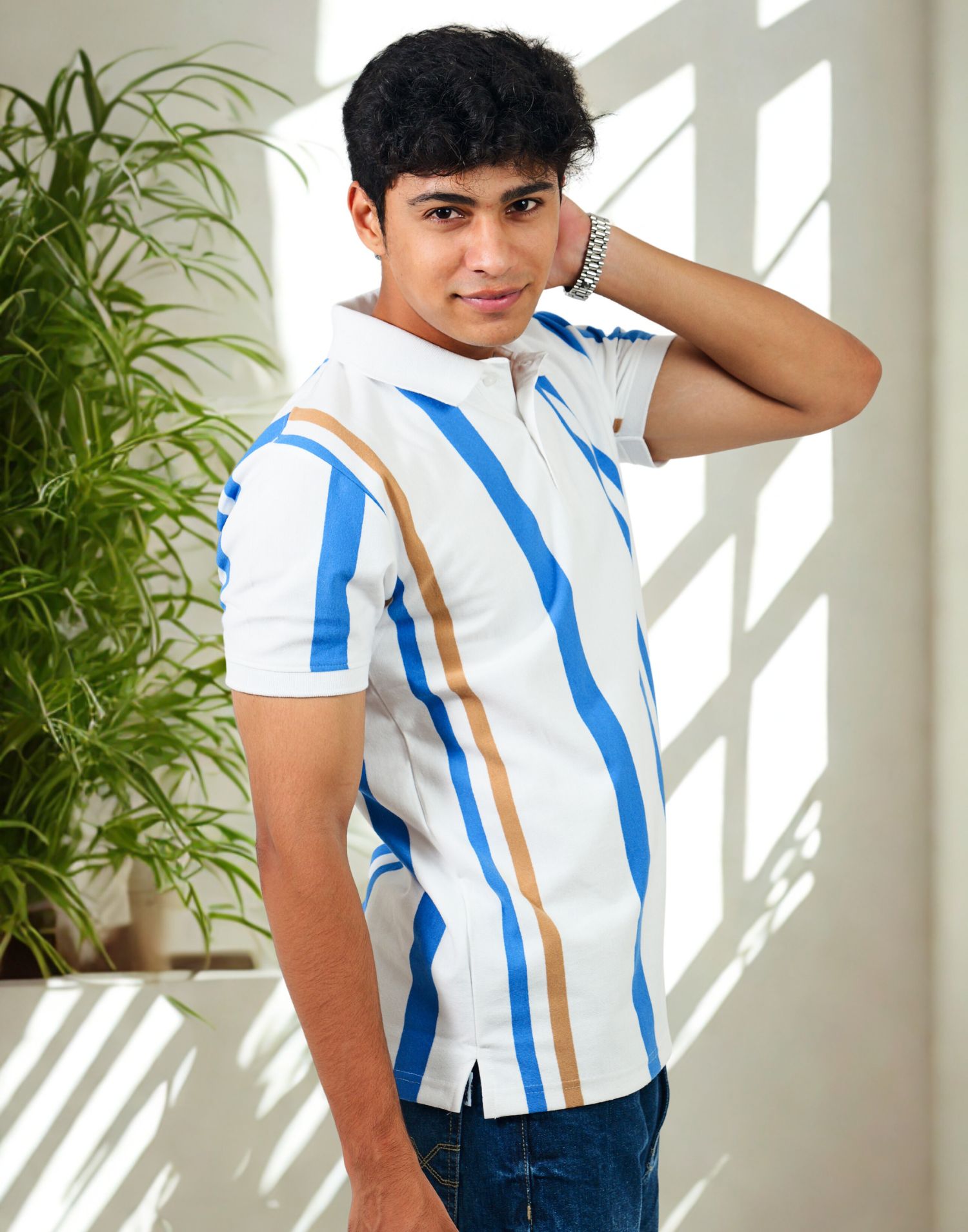 White & Blue Striped Polo T-Shirt - Image 4