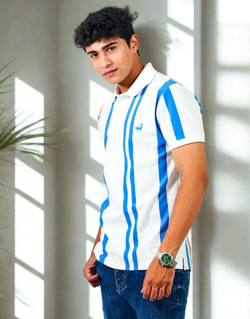 White & Blue Striped Polo T-Shirt - Image 5
