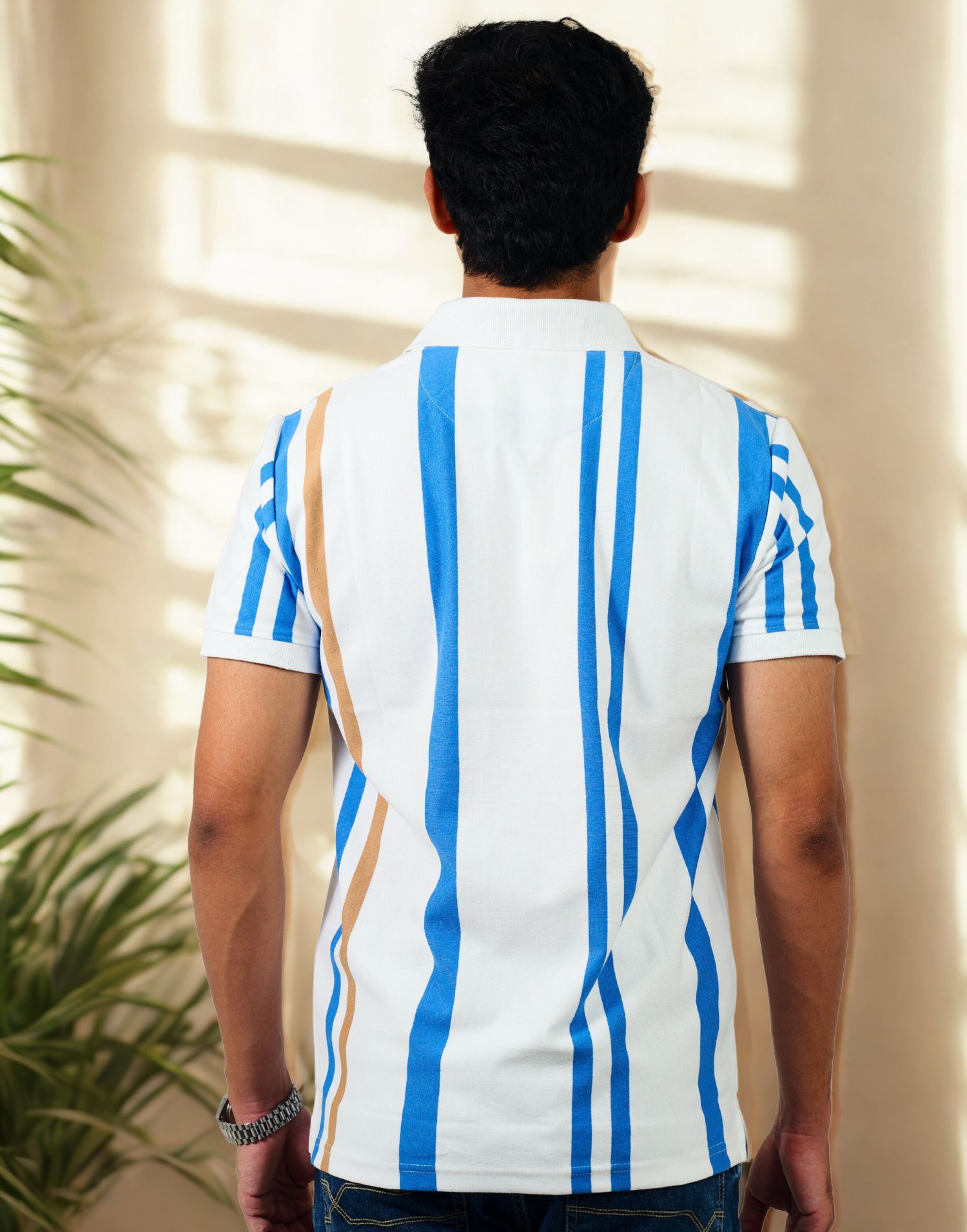 White & Blue Striped Polo T-Shirt - Image 3