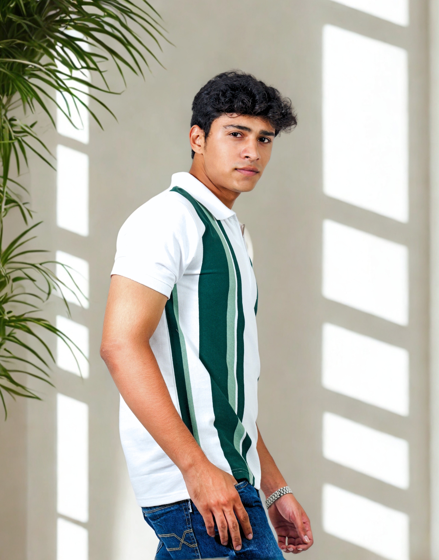 White & Green Vertical Zip Polo - Image 2