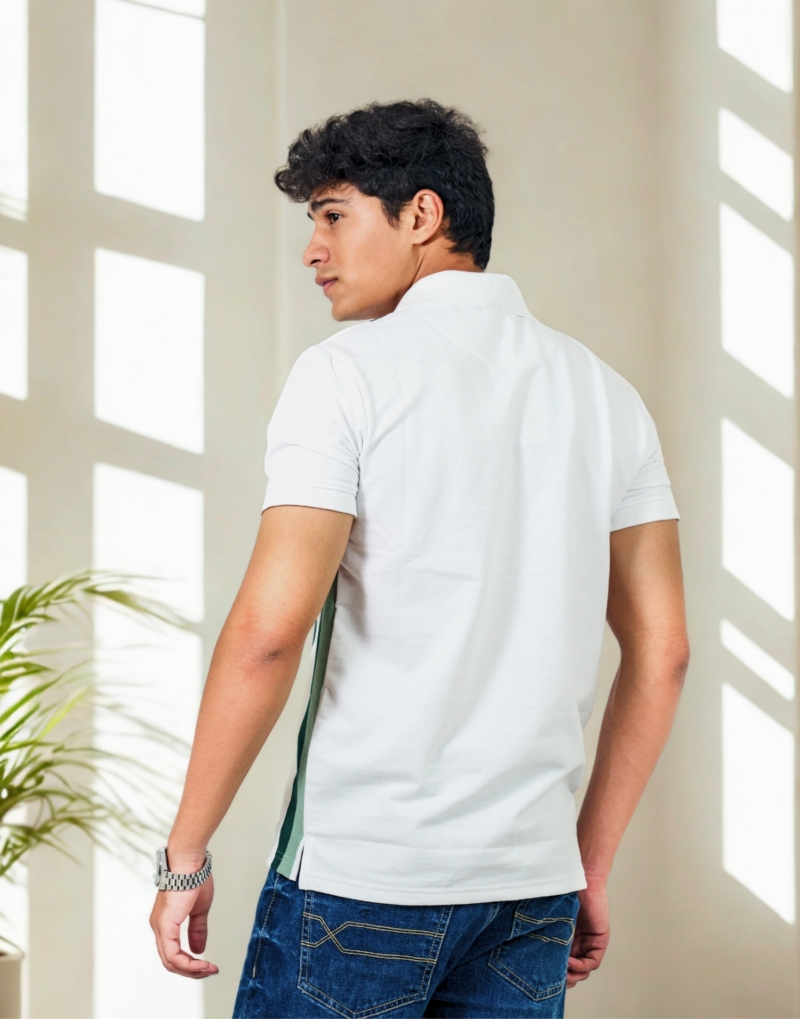 White & Green Vertical Zip Polo
