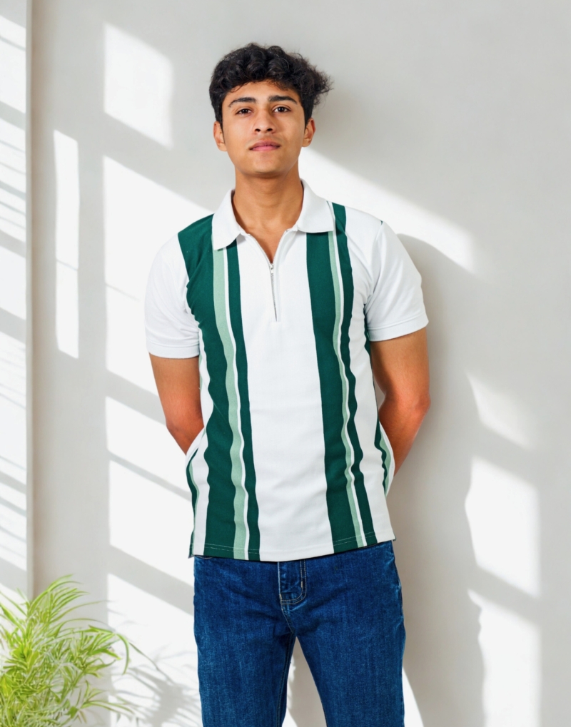 White & Green Vertical Zip Polo