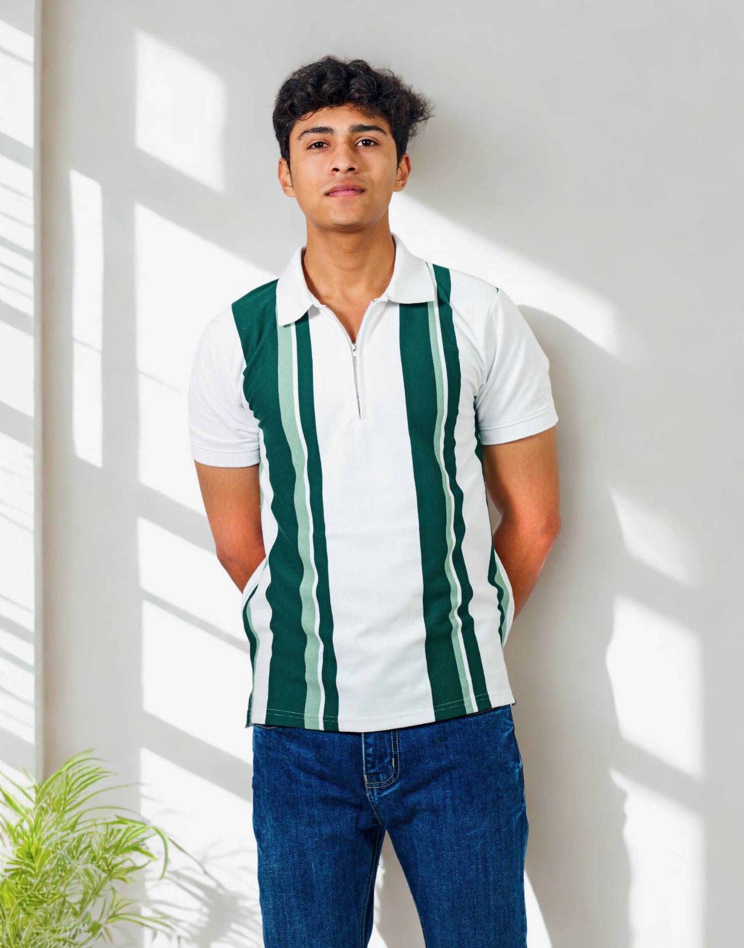 White & Green Vertical Zip Polo