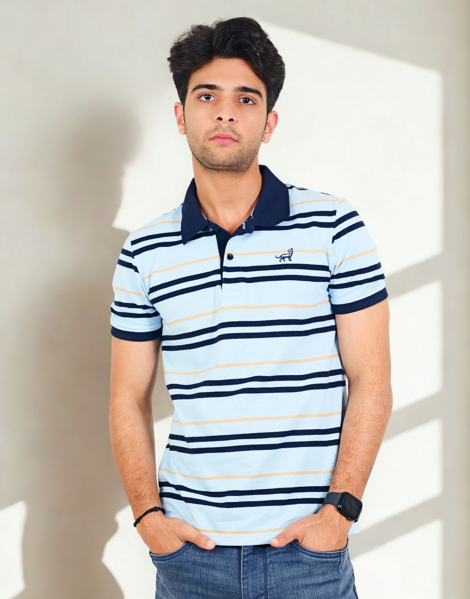 Navy Blue Striped Polo T-Shirt - Image 2