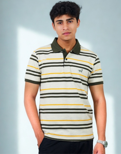 Men's Olive Green Striped Polo T-Shirt