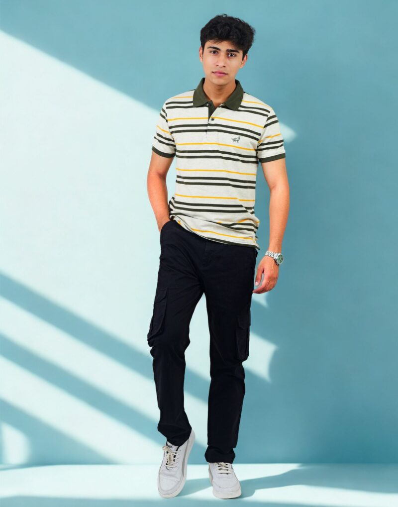 Men's Olive Green Striped Polo T-Shirt - Image 5