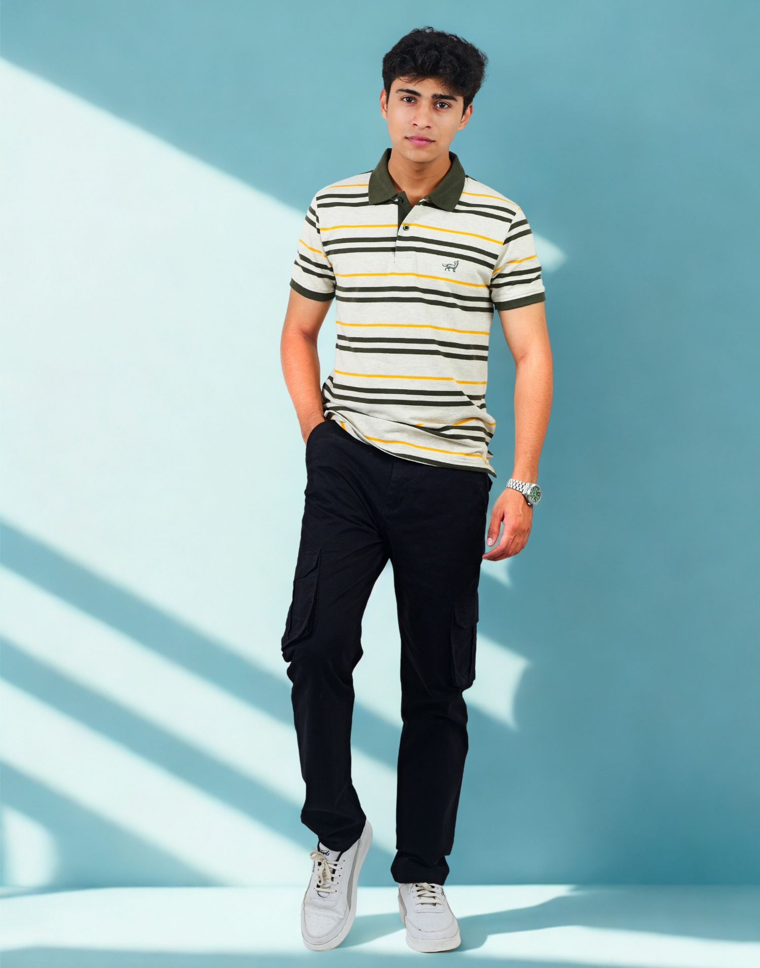 Men's Olive Green Striped Polo T-Shirt - Image 5