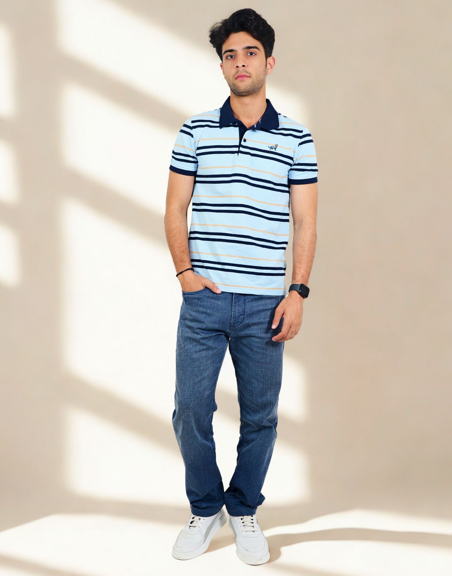 Navy Blue Striped Polo T-Shirt - Image 5