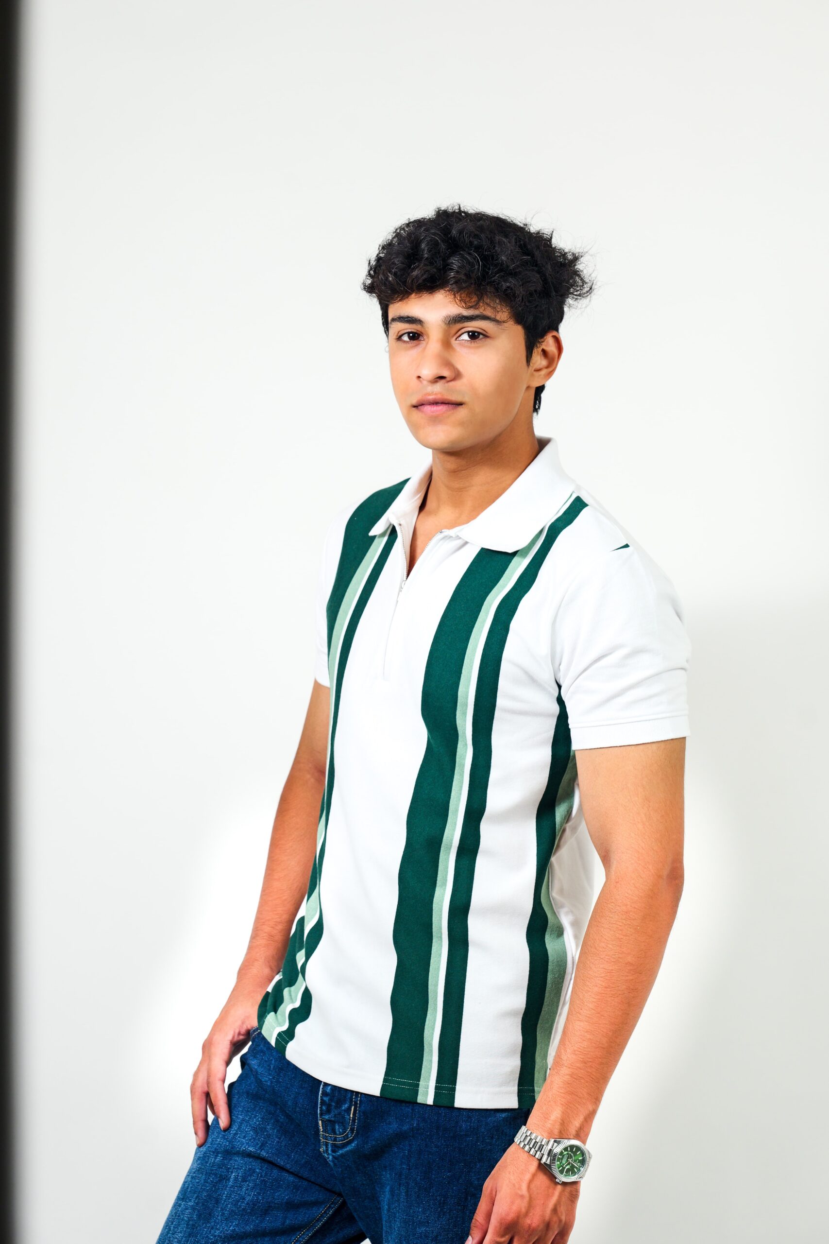 White & Green Vertical Zip Polo - Image 4