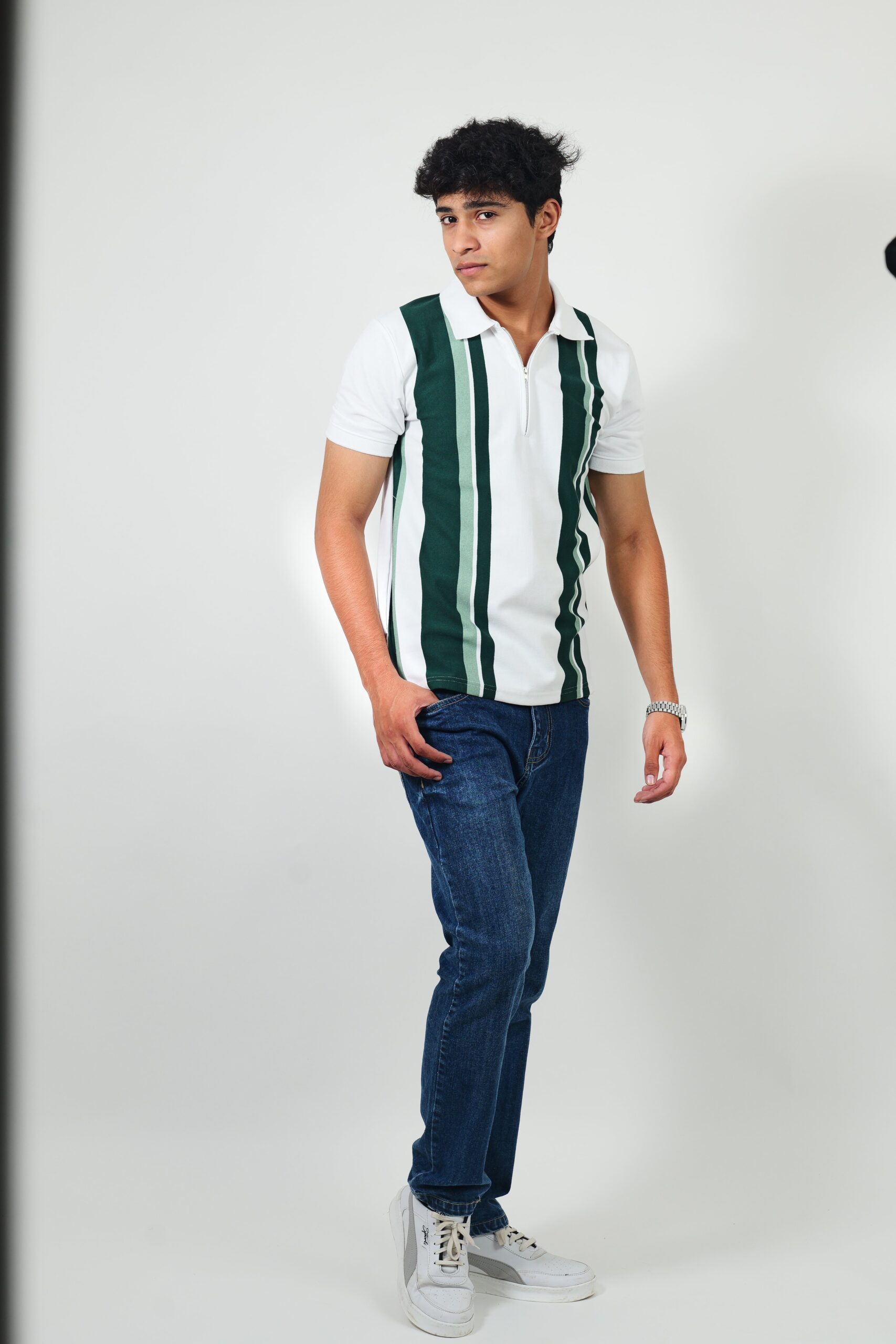 White & Green Vertical Zip Polo